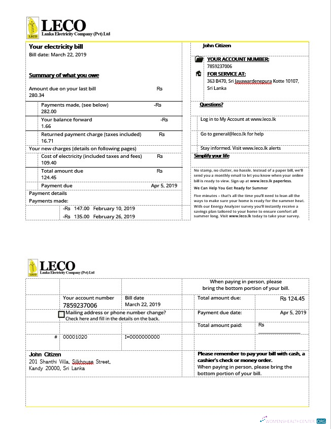 download download Sri Lanka LECO electricity bill in Word format